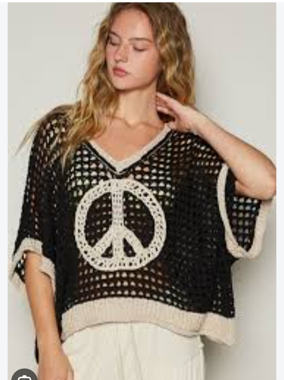 POL Black Crochet V-Neck Sweater with Cream Peace Sign. Size Large